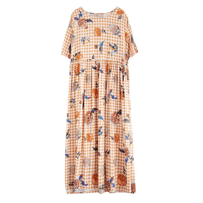 Short sleeve Plus size cotton vintage Plaid floral new in dresses for women casual loose long summer dress