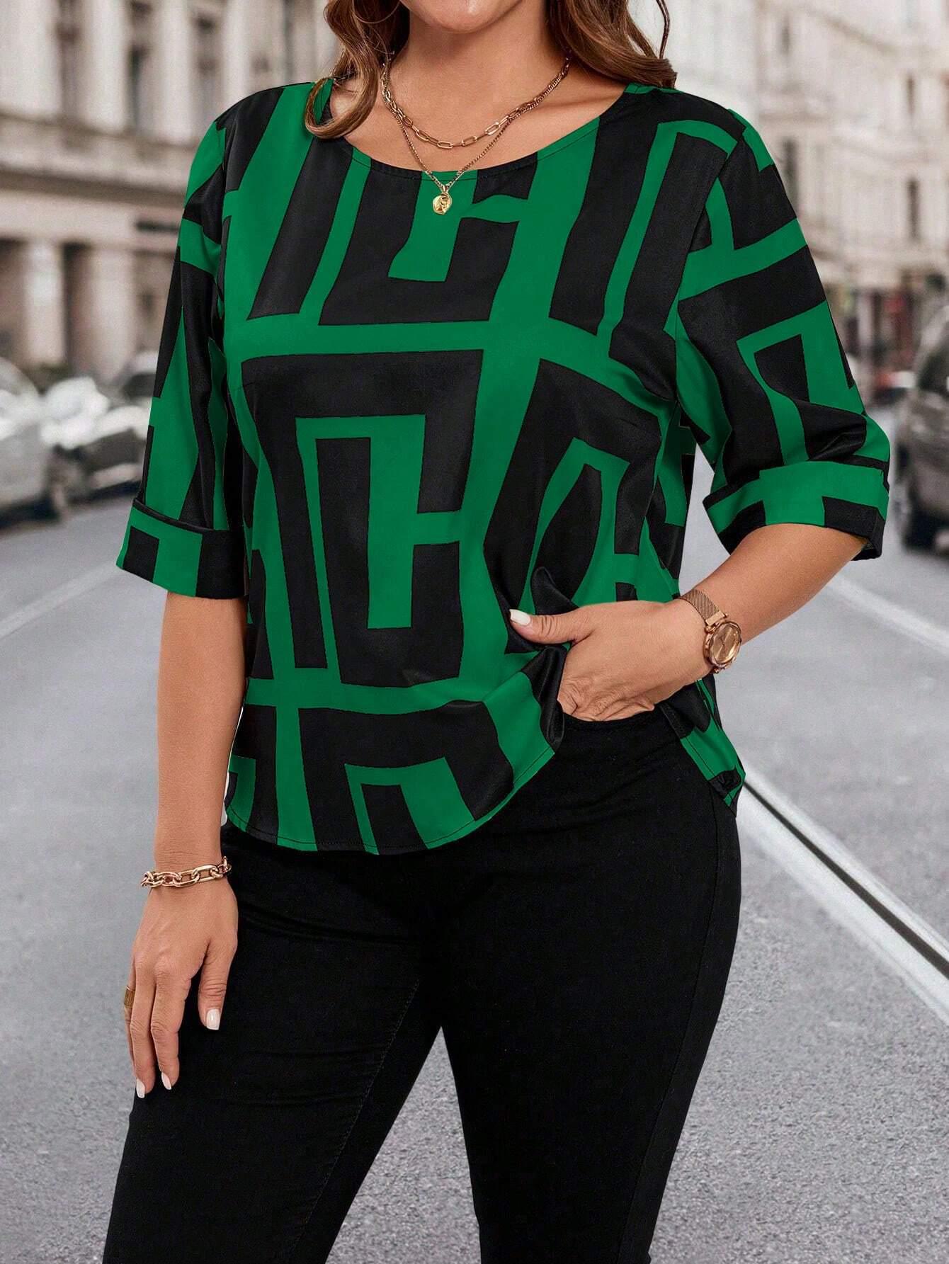 

Spring & Autumn Versatile Printed Round Neck Women s T-shirt 4XL зелёный