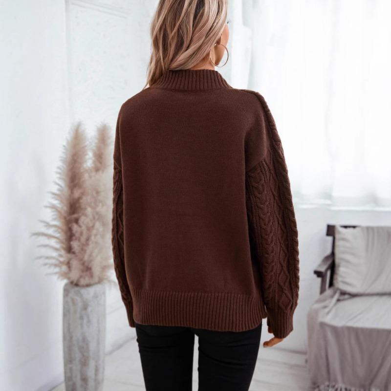 Solid Color Cable Knit V Neck Loose Long Sleeve Pullover Sweater For Women