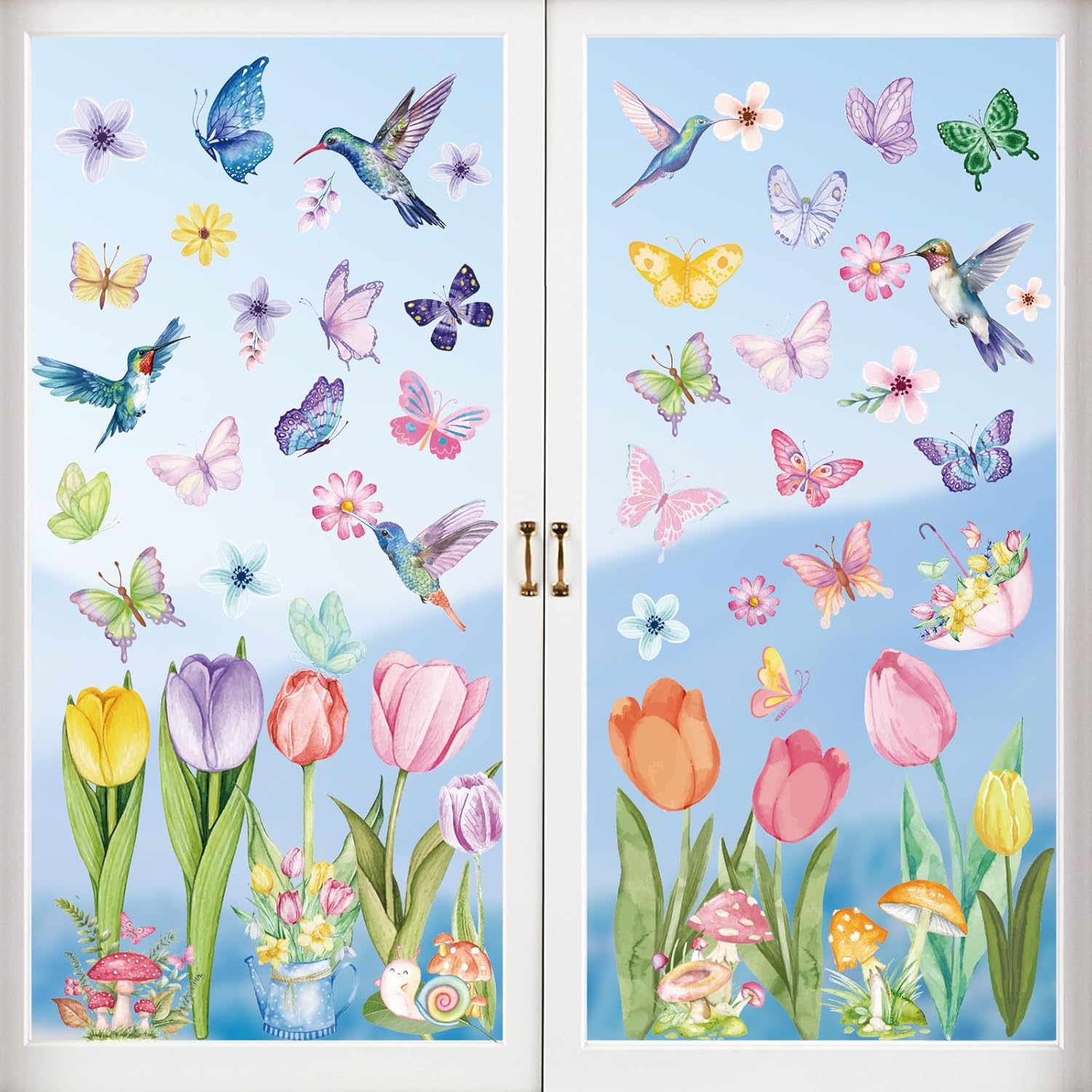 AOWDIAO Spring Window Clings - 83 Pcs Watercolor Flower, Butterfly, Hummingbird, Mushroom, Tulip Glass Stickers - Reble Double-Sided Window Decor for Spring Vibe