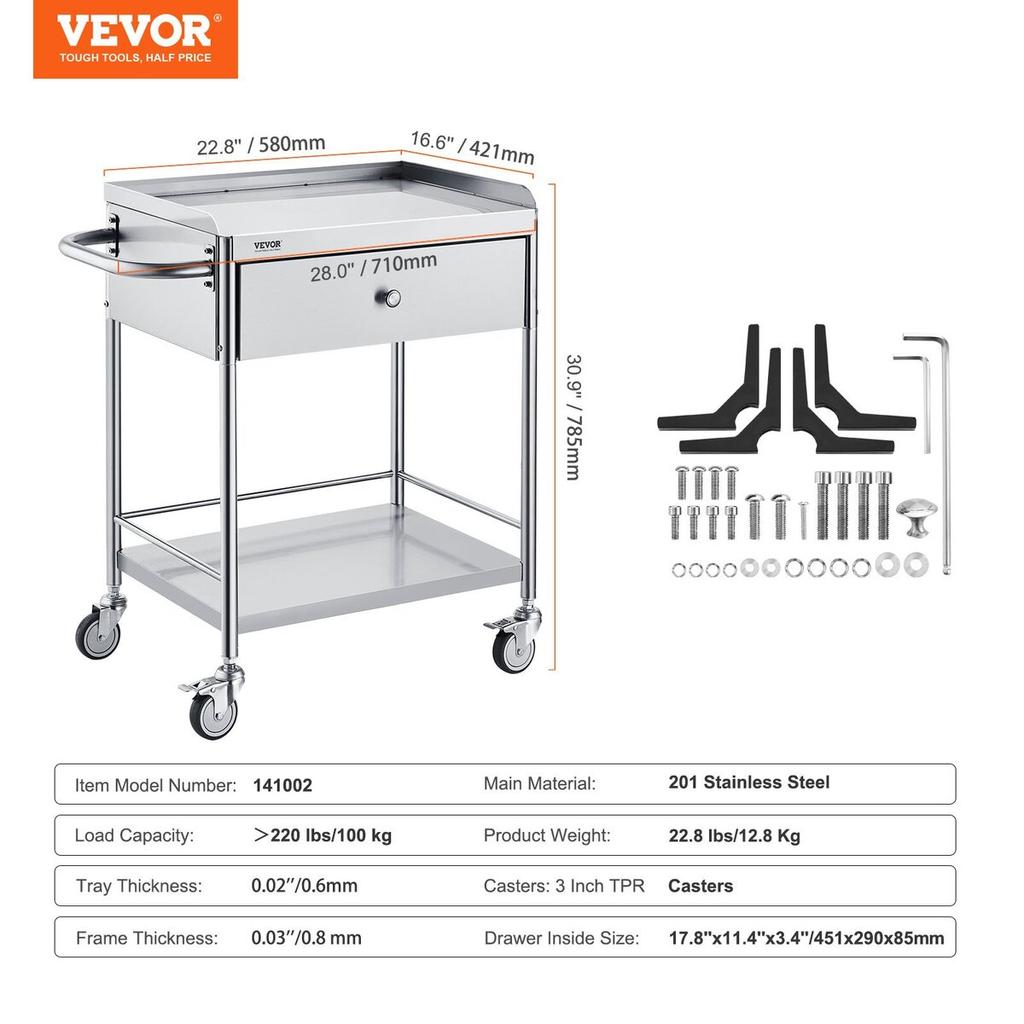 Medical Cart, 2 Layers Stainless Steel Cart 220 lbs Weight Capacity, Lab Utility Cart with 360° Silent Wheels and a Drawer for Lab, Clinic, Kitchen,