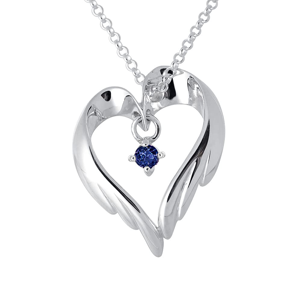 Future Choose from 12 Heart and Feather Silver Pendant Necklace for Women Angel Birthstones, Design, (September Sapphire)