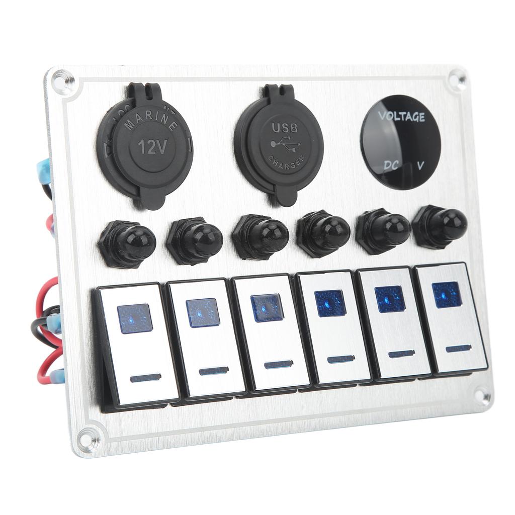 6 Gang On Off Rocker Switch Panel Waterproof Toggle Switch Panel with 2 Blue LED for Car RV UTV