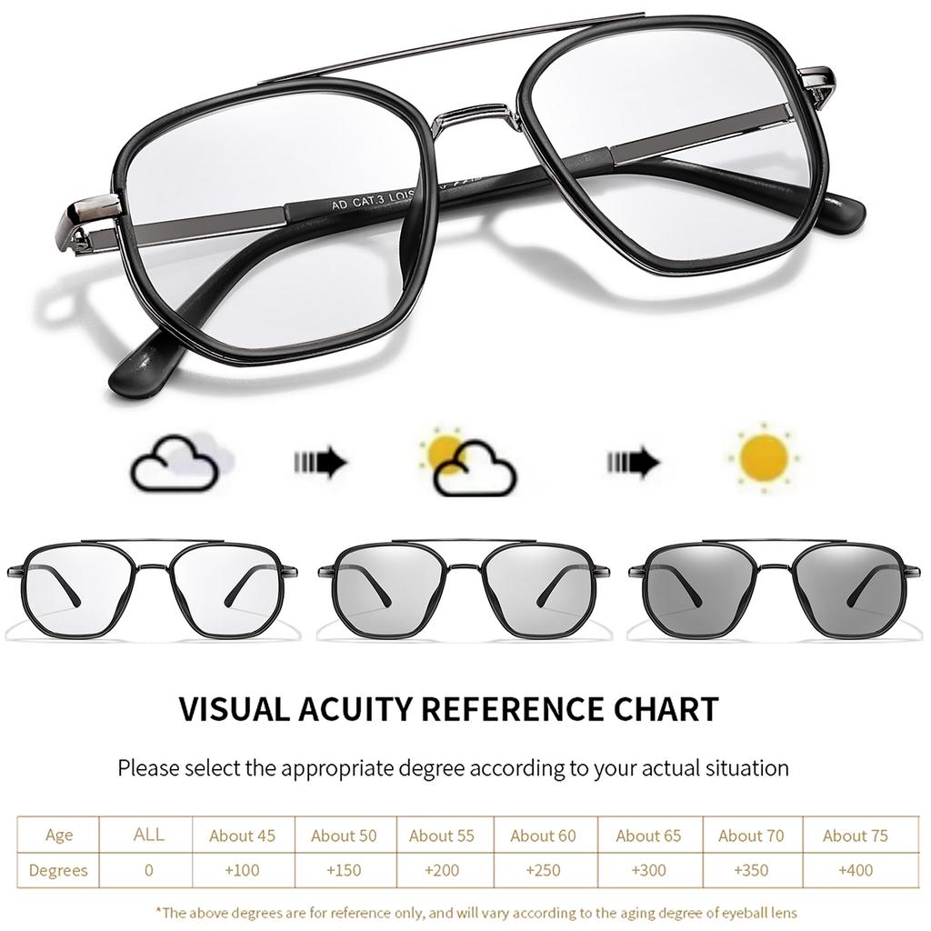 Fashion Reading Glasses Photochromic Classic Square Metal Frame Presbyopic Glasses Anti Blue Light Blocking +150 +200 +250