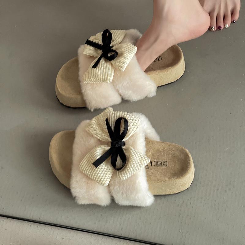 Non-slip Warm and Comfortable Girls Fluffy Slippers Winter Retro Cartoon Cute Indoor Home One-pedal Cotton Slippers