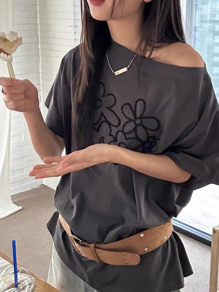 Floral Embroidered Off-Shoulder Short Sleeve Women's Summer Loose Casual Top