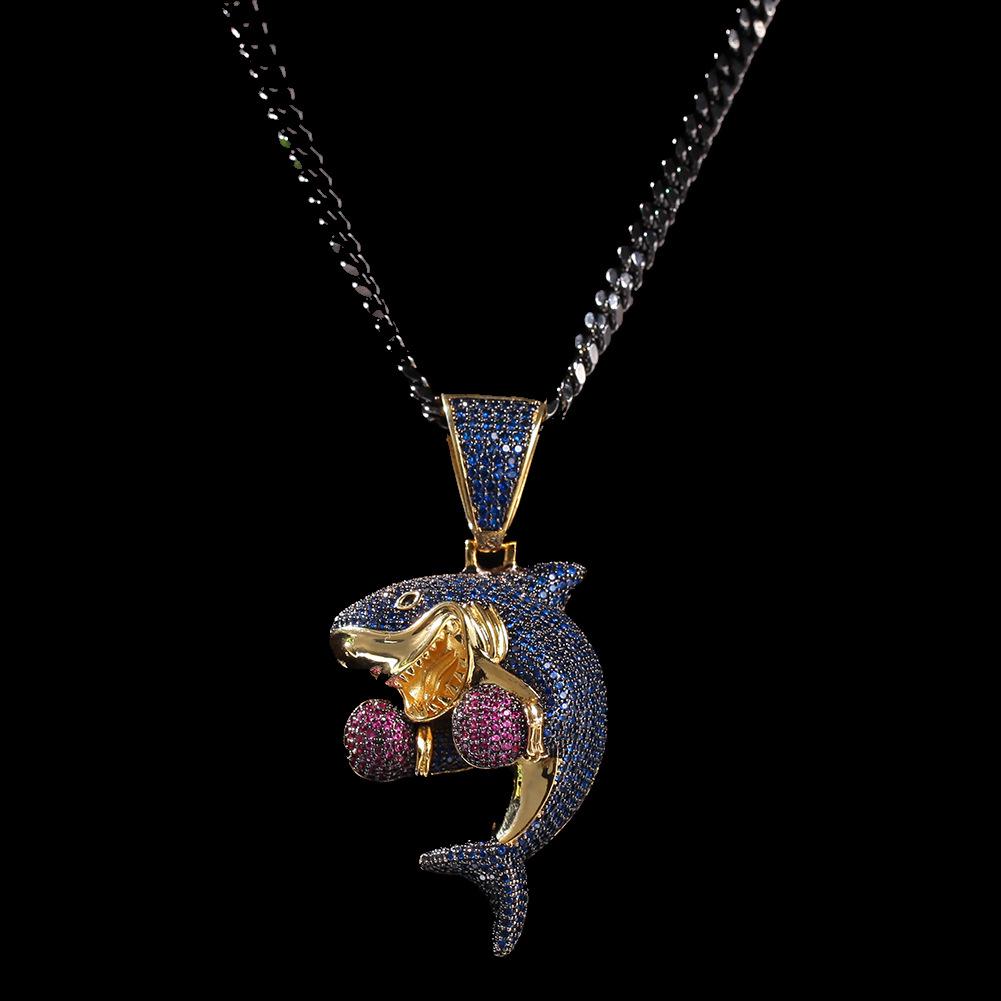 Boxing Shark Zircon Pendant Gun Black Cuban Chain Versatile Personality Necklace Accessories Men