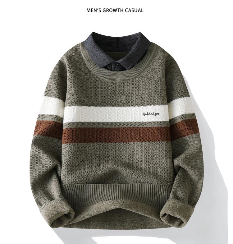 Stylish Men's Faux Two-Piece Sweater with Shirt Collar, Velvet Lining, and Knitted Wool for Autumn and Winter Warmth