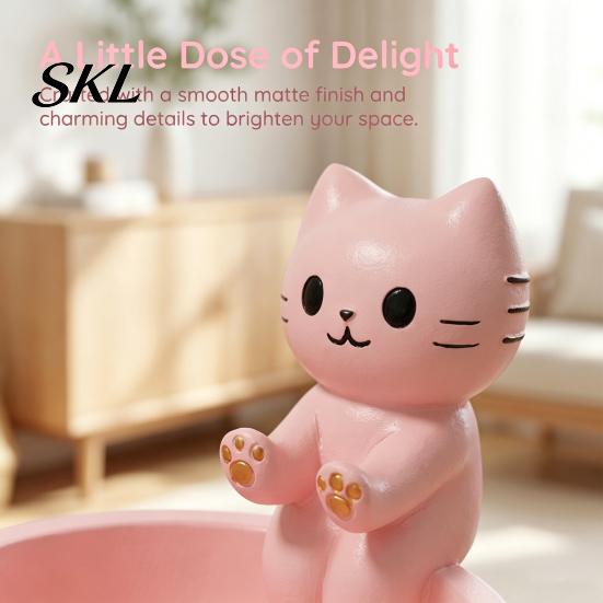 Small Jewelry Storage Box Cute Cat Tray, with Deep Plate Slot, Pink Matte Finish Holder Resin Decorative Ornament, for Dressing Table And Keys