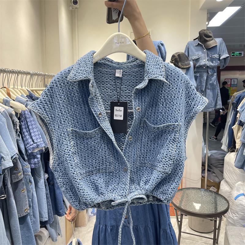 Women's Tweed-Style Denim Vest: Spring/Summer New Arrival, Loose Fit, Drawstring-Cinched Waist, Versatile Trendy Jacket