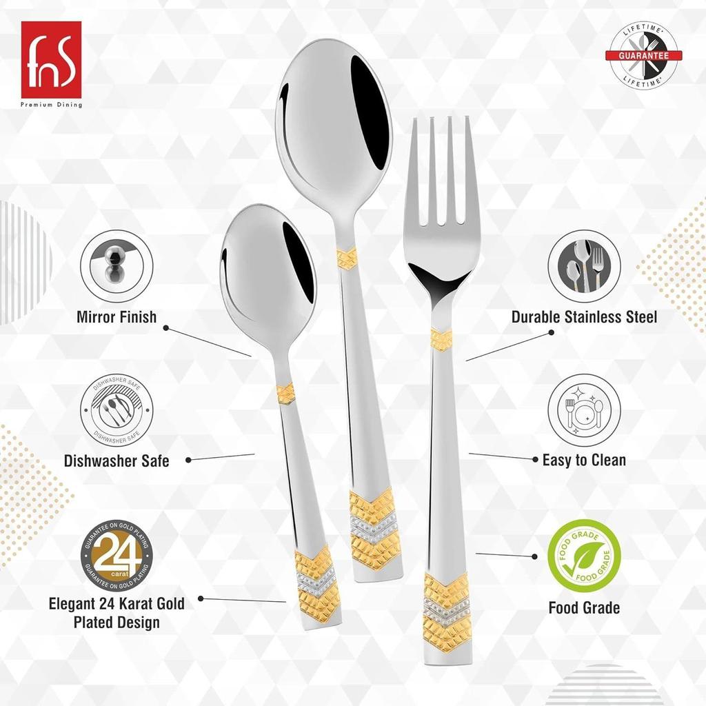 Sada příborů RAGA 24karátovým zlatem 18 ks s koženkovou krabičkou (6 ks lžíce na večeři, 6 ks vidlička, 6 ks čajových lžiček) s koženkovým boxem