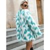 Women's Mid-Length Turquoise & White Checkered Faux Fur Coat Open Front Warm Winter Jacket