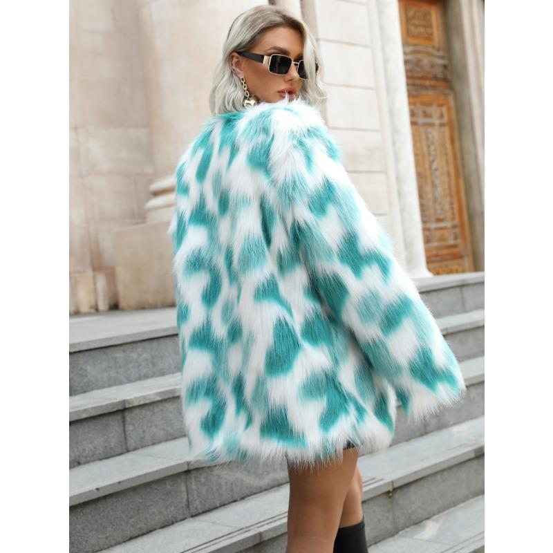 Women's Mid-Length Turquoise & White Checkered Faux Fur Coat Open Front Warm Winter Jacket