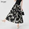 Women's Chinese Ink Print Elastic Waist Wide-Leg Culottes
