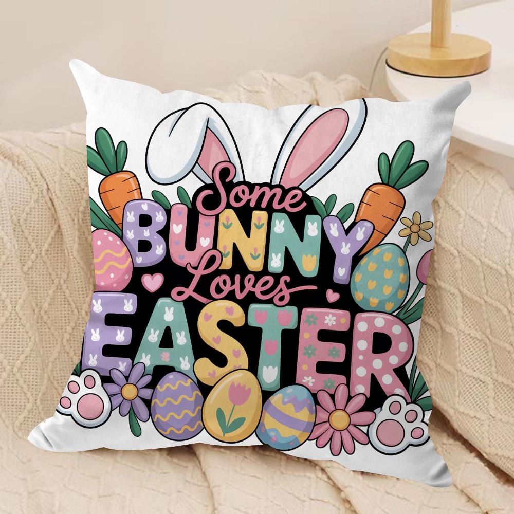 Happy Easter Cartoon Cute Cushion Cover Silky Short Plush Invisible Zipper Dustproof Sofa Pillow Case For Home Decor