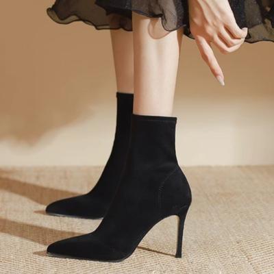 Women's Fashion Stiletto High Heel Ankle Boots Fall New Pointed Suede Set Foot Elastic Slimming Temperament In Socks Boots