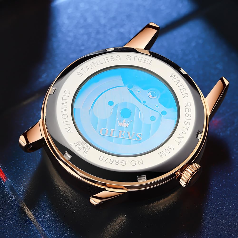 OLEVS Mechanical Automatic Manual Winding Leather Fashion Watch Leather Skeleton Moon Phase Luminous Moon Waterproof Watch for Men Blue Men's & Men's