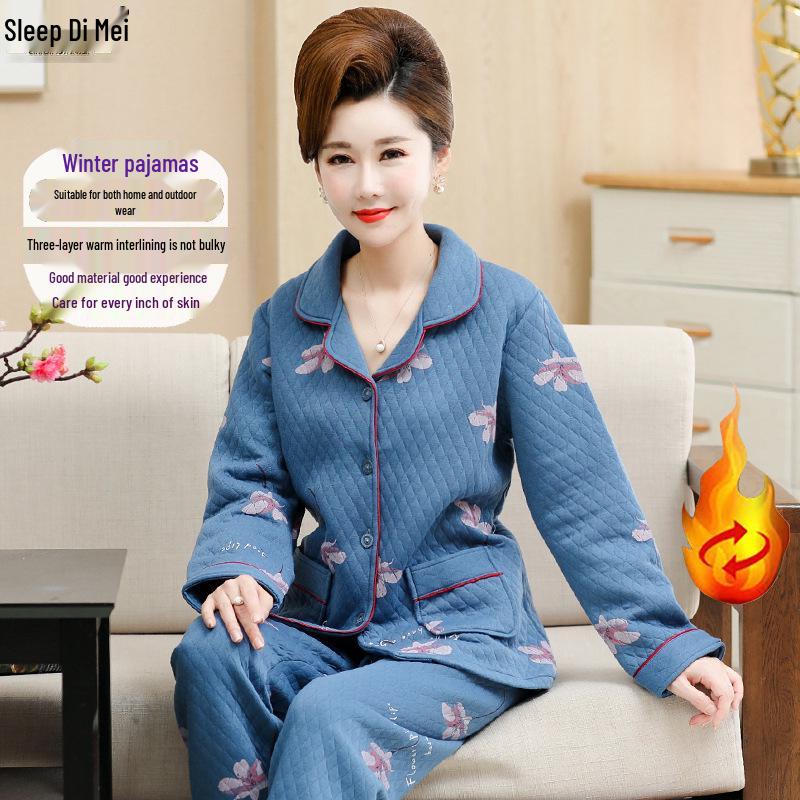 Women's Thick Warm Knitted Cotton Pajamas for Autumn/Winter - Middle-Aged & Elderly Sleepwear, Versatile Home & Outdoor Wear