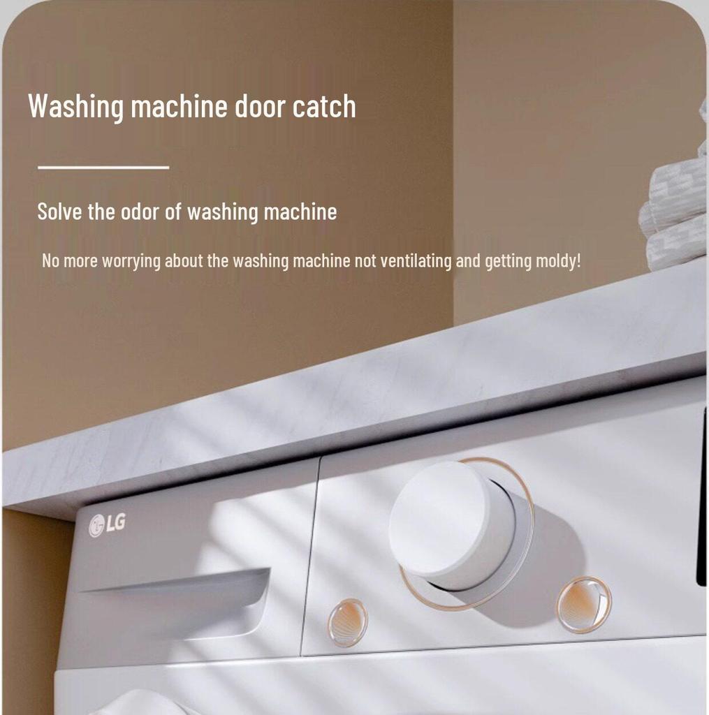 Magnetic Washing Machine Door Holder and Anti-Collision Buckle with Ventilation, Anti-Pinch Limiter, and Protective Door Stopper Sticker.