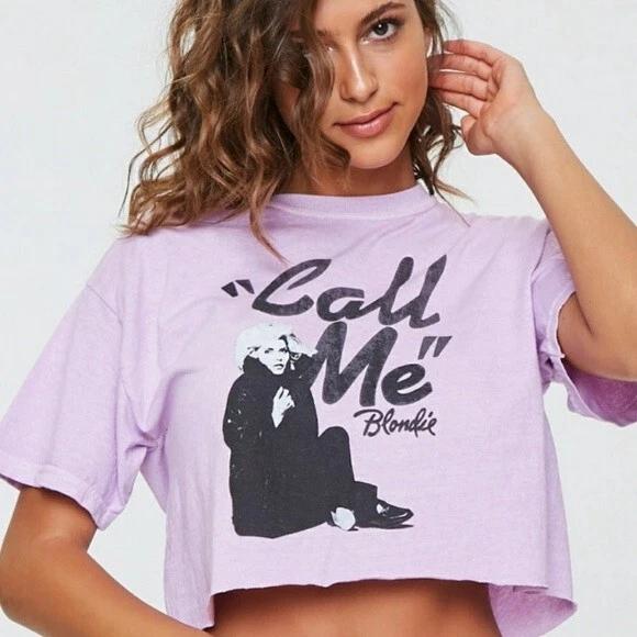

Blondie Womens Call Me Cropped Debbie Harry Graphic Lavender Shirt New XL, 2XL 3XL