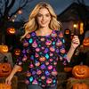 Women’s Casual Three Quarter Sleeve Crew Neck Top with Halloween and Pumpkin Print Loose Fit Comfortable Design