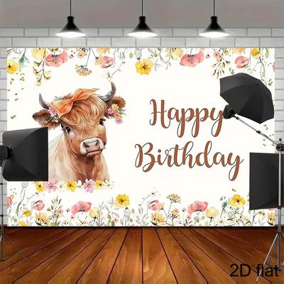 2D Highland Cow Floral Birthday Backdrop Home Party Celebration Photo Background