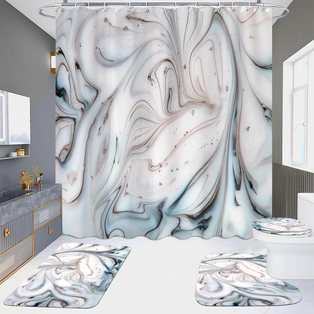 4Pcs Marble Series Shower Curtain Sets for Bathroom Non-Slip Bathroom Rugs Lid Toilet Cover Bath Mat