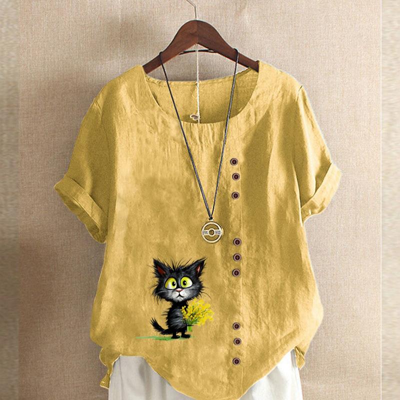 Damenmode Schwarze Katze Blumenmuster Kurzarm T-Shirt Locker Baumwollshirt Lässige Lockere Sommerbluse Übergröße Tops