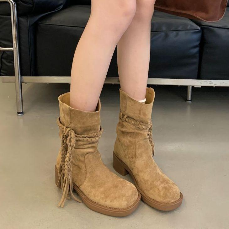 

2025 new retro wasteland wind fringed knight boots women s autumn thick heel woven strap versatile fashion mid boots 40