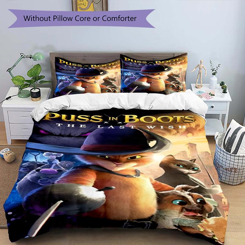 3pcs Puss In Boots Bedding Set Duvet Cover Closure Includes 1 Duvet Cover & 2 Pillowcases, Soft and Comfortable for All Seasons.