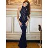 High-Looking Slimming Lace Contrast Color off-the-Shoulder Cheongsam Tight Backless Stand Collar Long dress Singer Black Evening Wear Dress Women