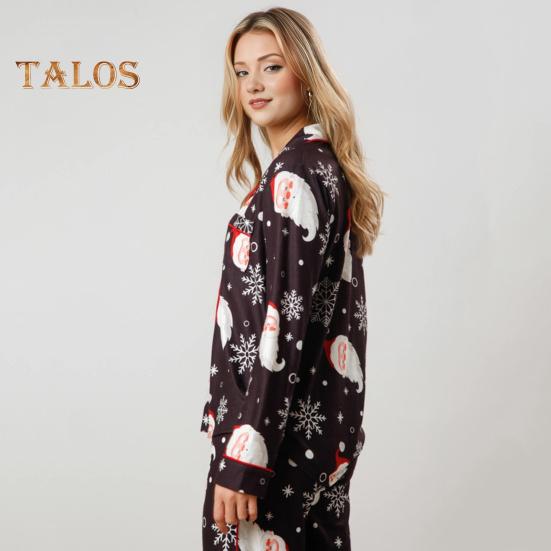 2 buc/set Set pijamale de Crăciun pentru femeie Moș Crăciun imprimeu rever cu mâneci lungi cămașă cu un singur piept, talie elastică, picior lat, îmbrăcăminte pentru casă, cămașă de noapte