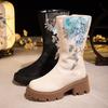 Women's Winter Warm Platform Mid-Calf Snow Boots Low Block Heels Embroidered Chelsea Booties Shoes for Women Faux Fur Lined Walking Boots With Zipper