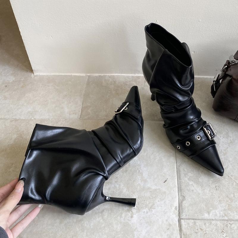 

Eilyken New Sexy Thin High Heels Women Ankle Boots Designer Belt Buckle Pleated Short Booties Spring Autumn Pointed Toe Shoes 35