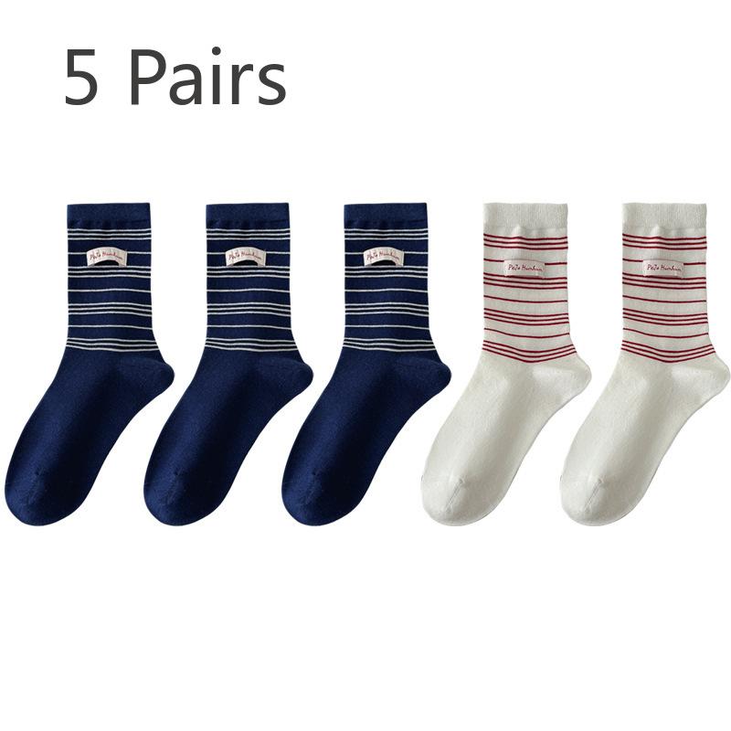5 Pairs of Women's Casual Versatile Fabric Pinstripe Preppy Sports Tube Stack Socks
