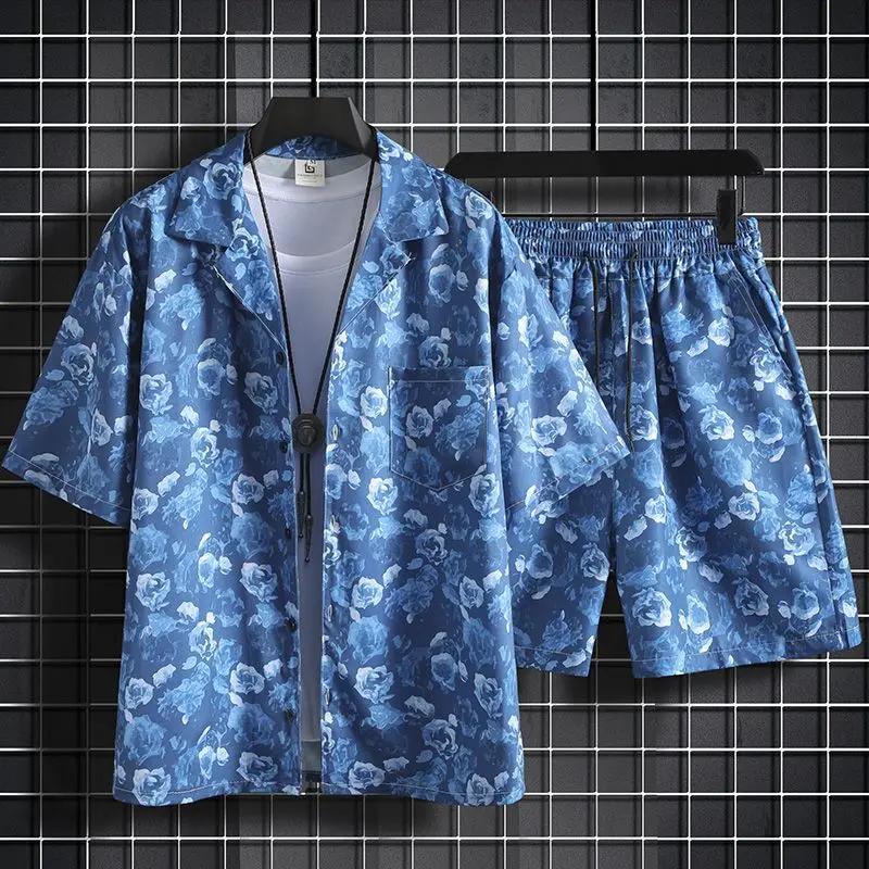 Shirts Man Sets Beach White Outfits 2 Piece Outfit Korean Two Set T-shirts Shorts Suits For Men Chic Stretch Loose Cool Shirts