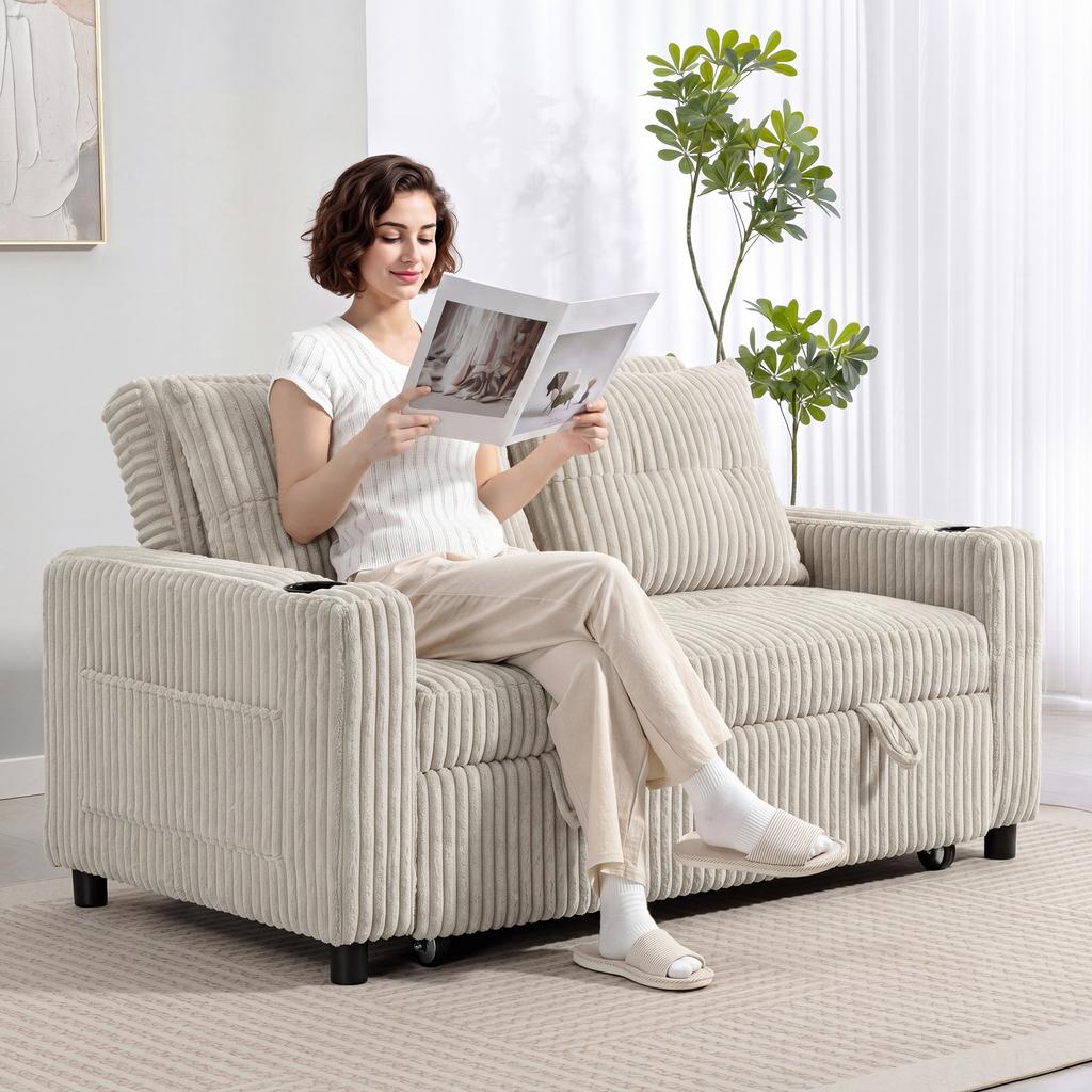 Corduroy Click Clack Sleeper Sofa with Pull Out Design, 2 Seater Sofa Bed, Cream White