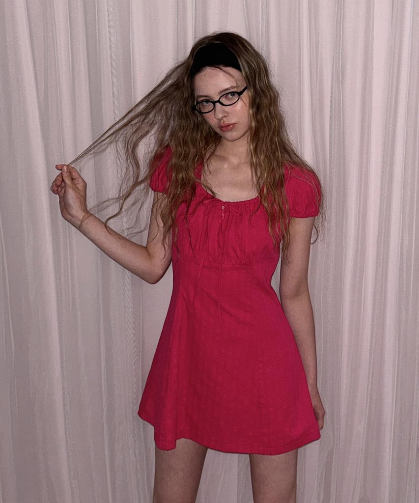 Teuwi Hirot Ribbon Shirred Short Sleeve Mini Dress
