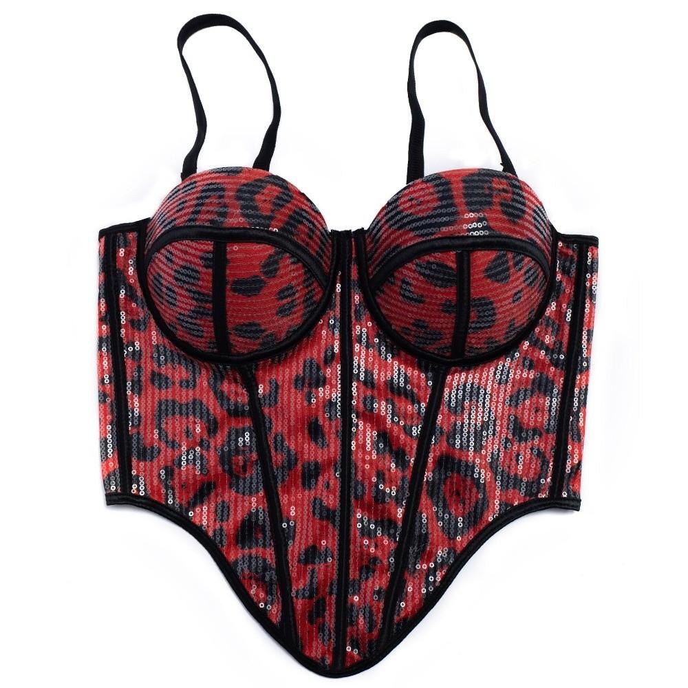 Slim Fit Sequin Leopard Corset with Buckle Crop Tops Fashion Suspender Vest Ladies