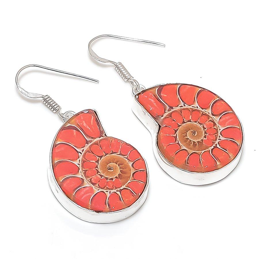 Ammonite Fossil Gemstone 925 Sterling Silver Jewelry Earring 1.85"