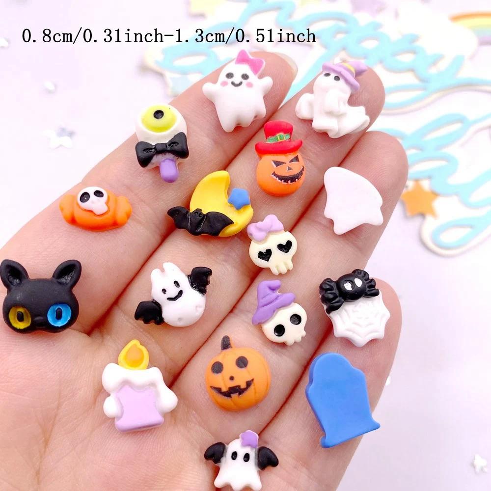 30pcs Resin Mini Colorful Painted Cartoon Ghosts Bat Pumpkin Spider Bat Candle Figurines Flat Back Nail Art DIY Scrapbook M437 H