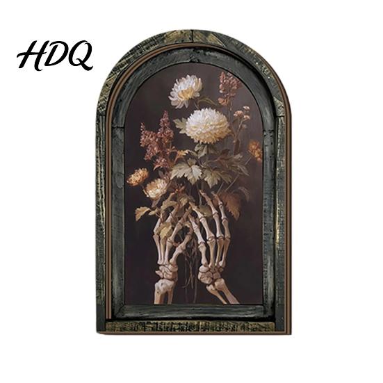 Solid Wood Halloween Frame Arched Wooden Wall Decor, Ghost Cat Hanging Ornament, Distressed Gothic Decorations Tabletop Decor Plaque, Spooky