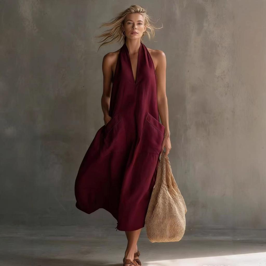 Nuevo Vestido de Verano Casual Vintage de Lino para Mujer, Vestido Midi sin Mangas con Escote en V y Bolsillo de Parche para Vacaciones