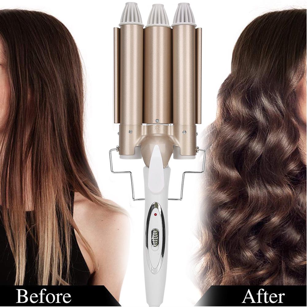 Three Barrel Curling Iron Salon Hairstyling Waver Hair Crimper Hairdressing Tool 25mm 110‑240VUS