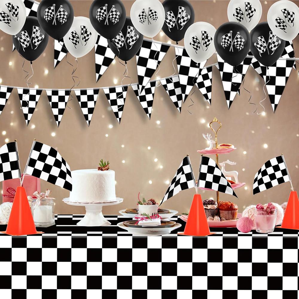 Rennwagen Party Dekorationen Karomuster Rennstrecke Banner Tischdecke Fahnen Banner Ballons für Kinder Renn-Geburtstagsparty Zubehör