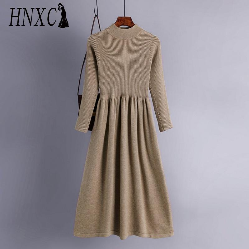 HNXC Women's Fashion Spring Autumn Solid Color Print Long Sleeve High Waist Casual Dresses