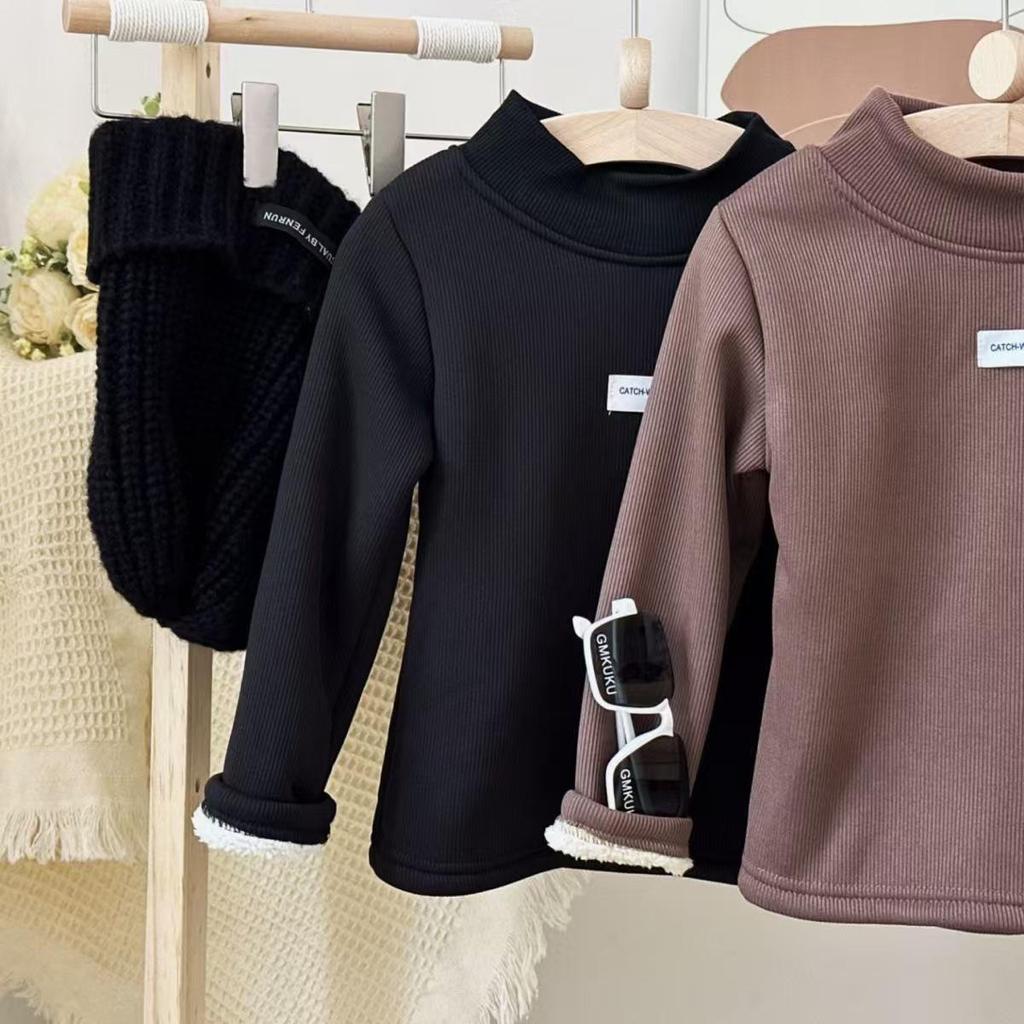 2024 Kids' Winter Thick Half-High Neck Velvet Base Layer T-Shirt - Korean Style