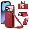 For iPhone 17 Pro Leather Back Cover Zipper Wallet Kickstand Phone Case with Shoulder Strap