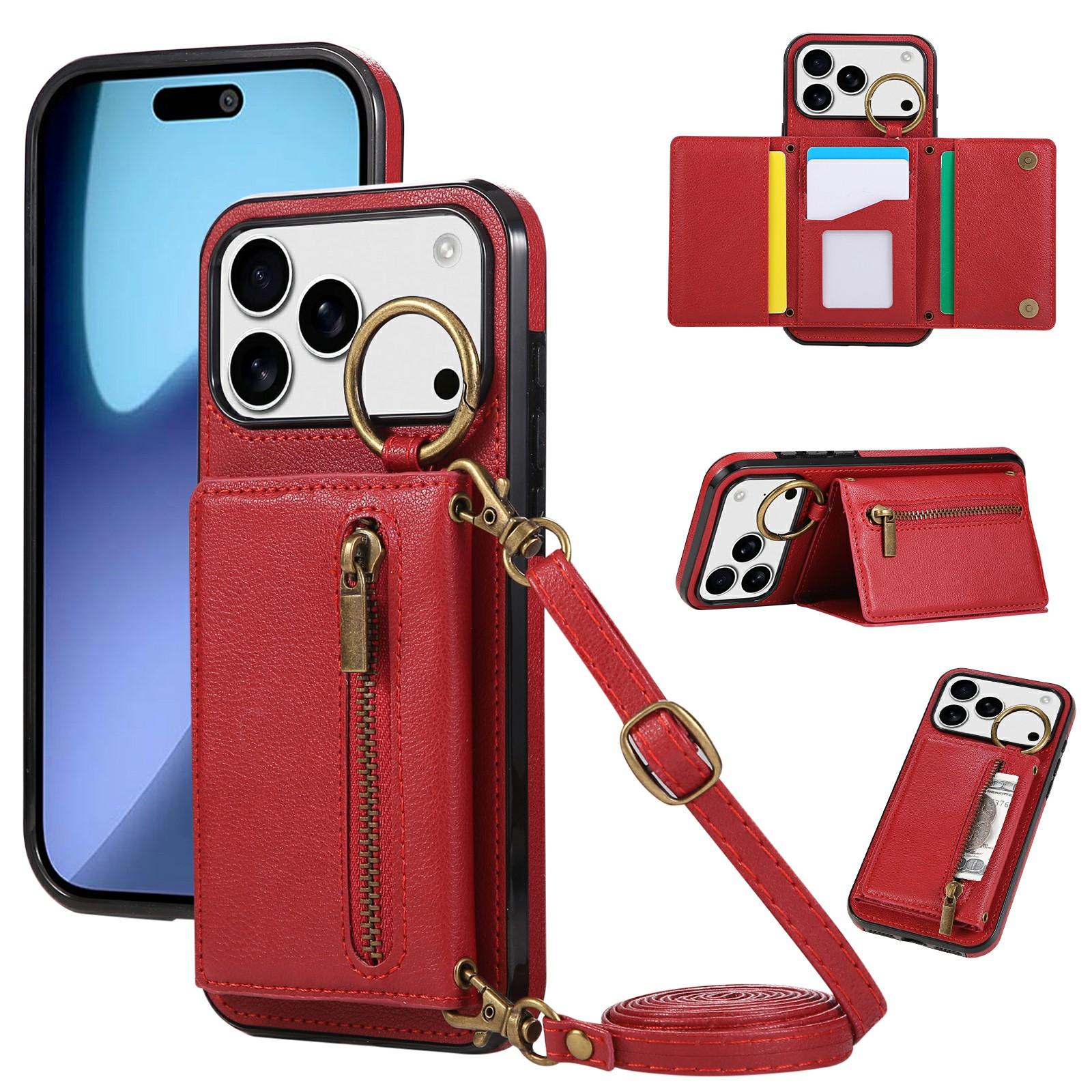 

For iPhone 17 Pro Max Leather Back Cover Zipper Wallet Kickstand Phone Case with Shoulder Strap Red