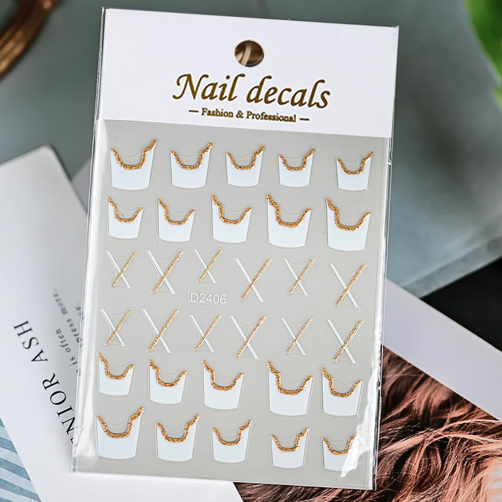 1pcs Gold Glitter French Design Nail Stickers White Silver Curve Lines Stripe Wave Nail Decals Slider Reflective Manicure Wraps